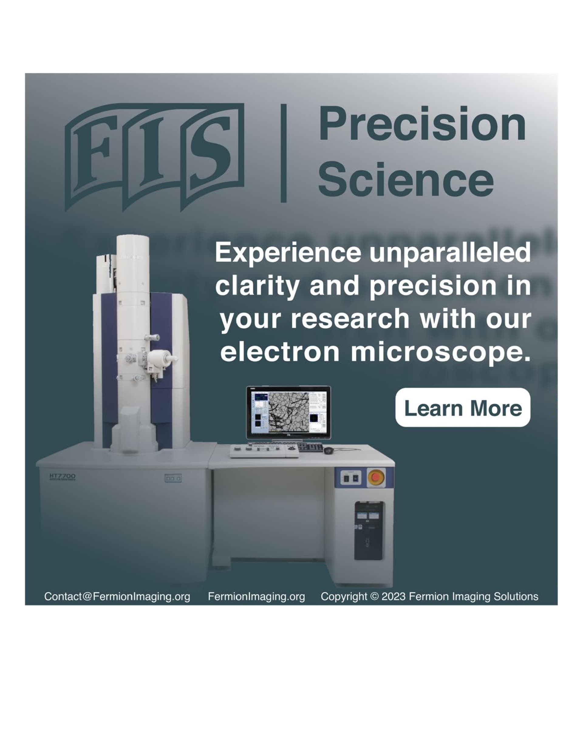 Fermion Imaging Solutions advertisement mockup showing brand applied to electron microscope product photography