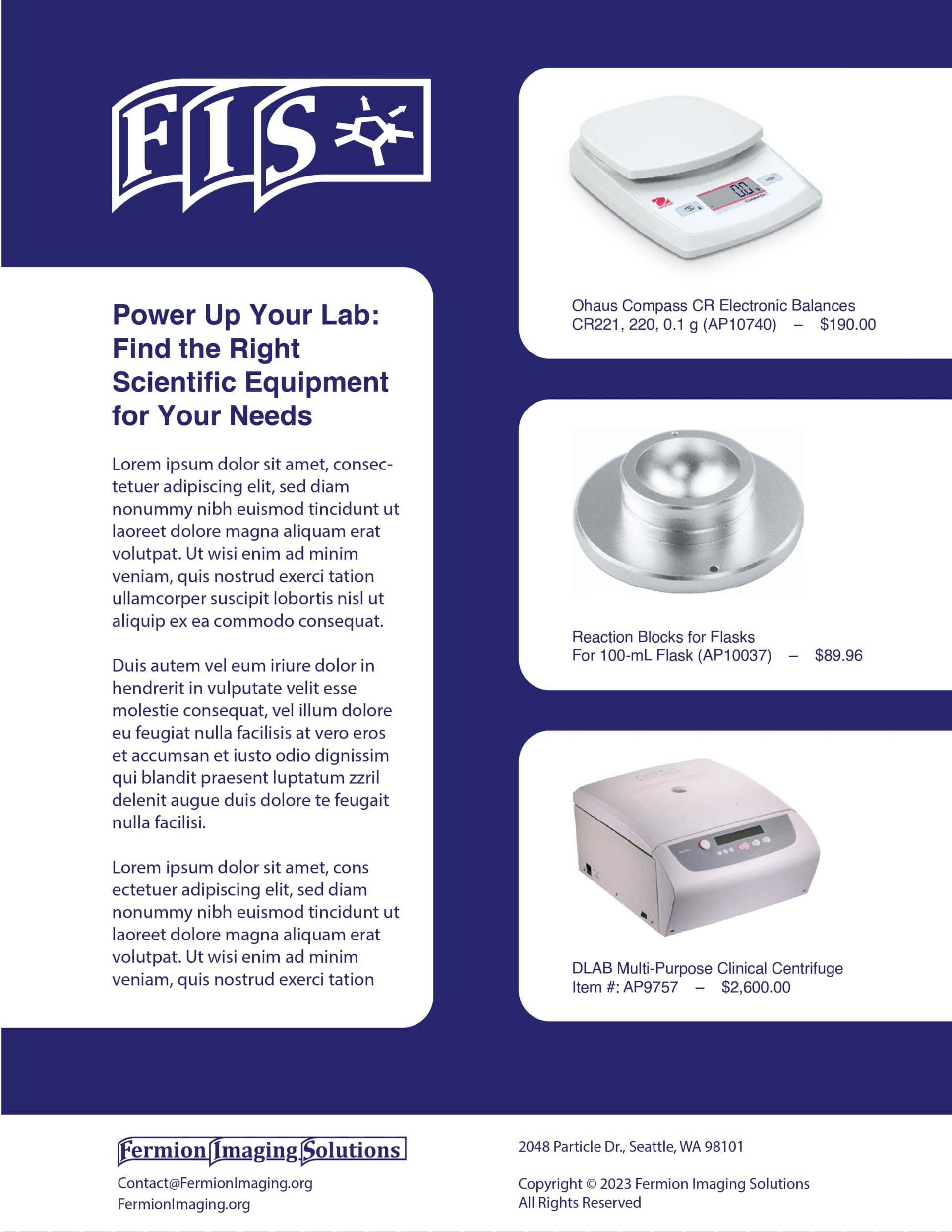 Fermion Imaging Solutions product catalog layout showing brand system applied to lab equipment listings