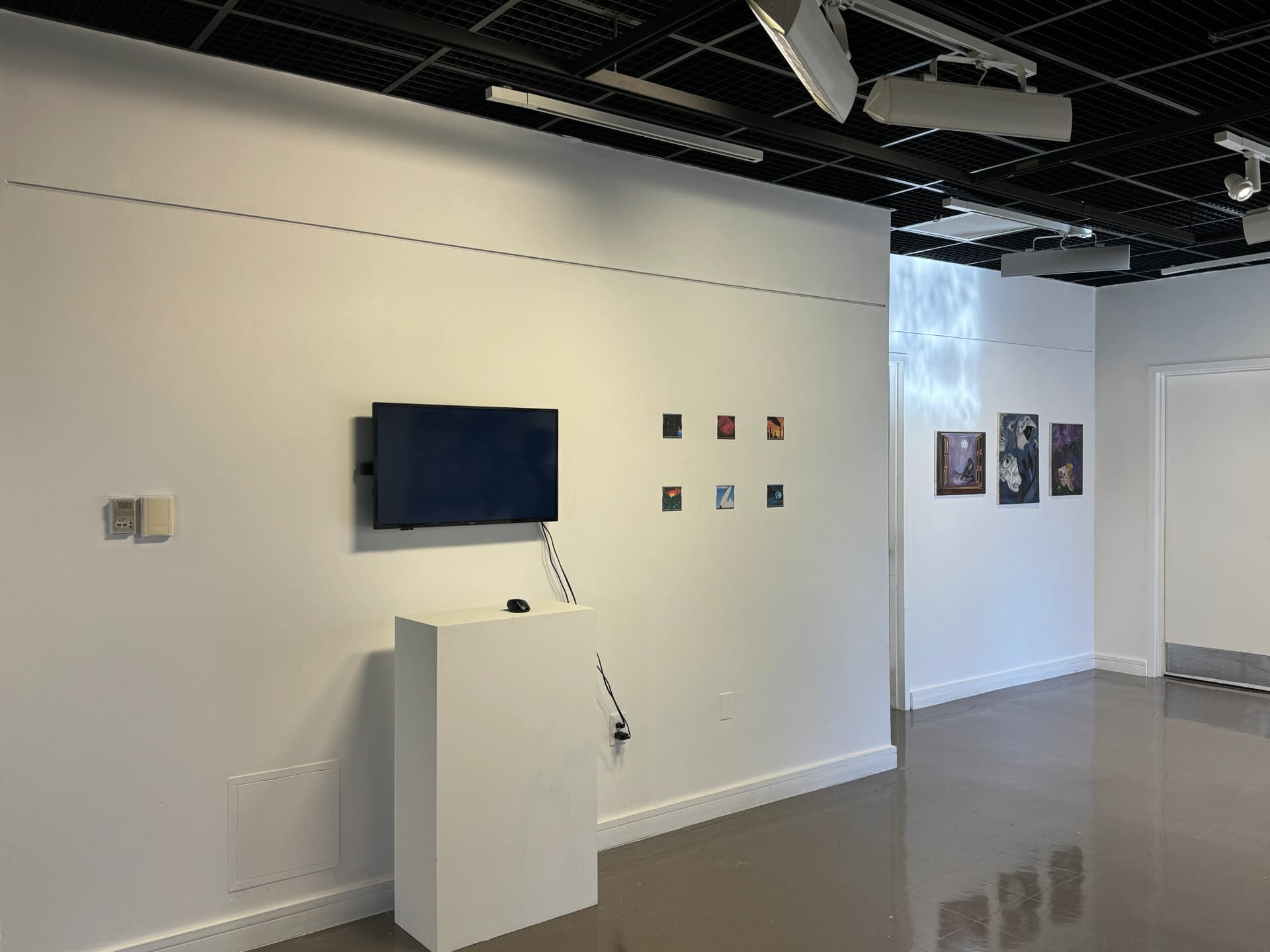Gallery installation at Mazmanian Art Gallery showing TV mounted on wall displaying The Great Filter website
