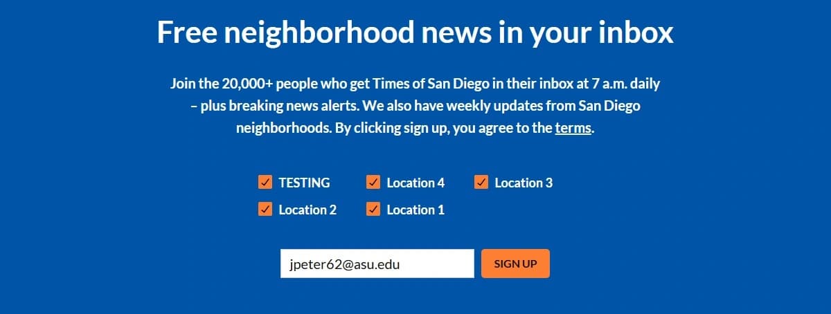 Original homepage newsletter module with solid blue background and misaligned checkbox columns